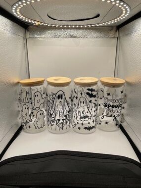 Hand Crafted Black & Clear Ghost Glass Storage Jars with Bamboo Lids - Set of 4